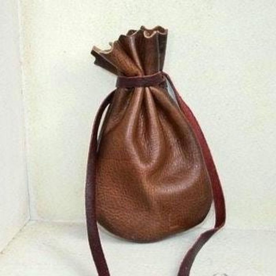 Leather Jewelry Pouch: Cognac Drawstring with Dark Brown Strap