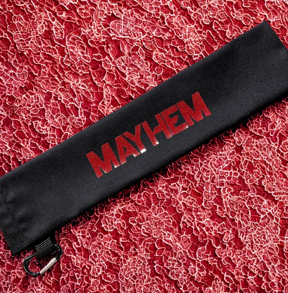 Ld ga Folding Fan Travel Pouch: MAYHEM Ball, Two-Sided Clip-On Canvas Bag, Little Monster Gifts