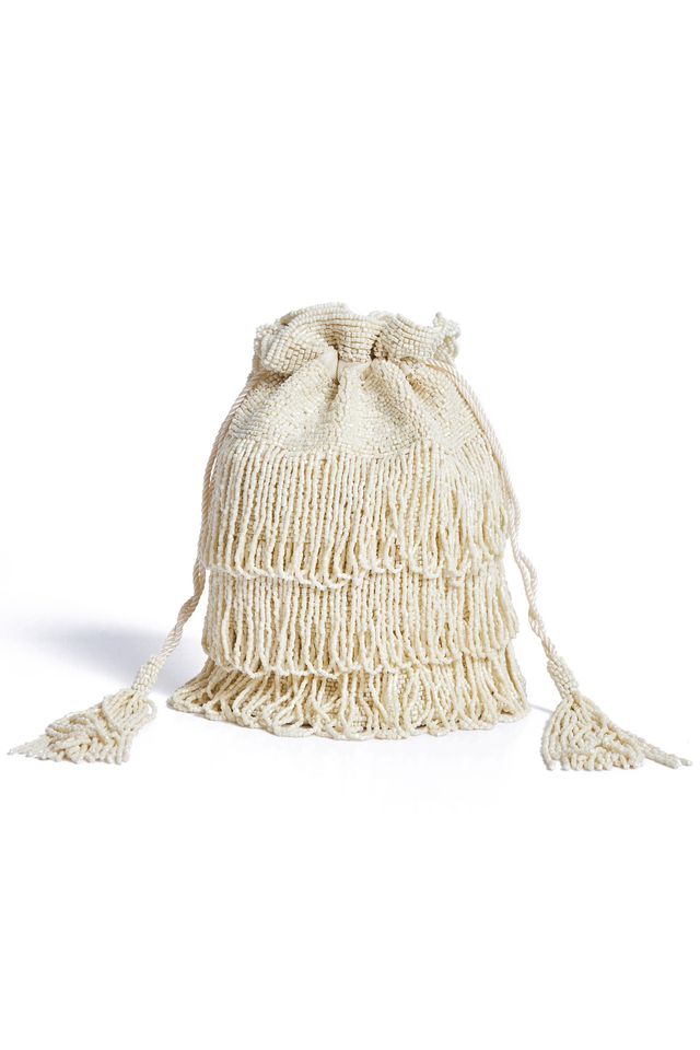 Vintage Inspired Tassel Bucket Pouch purse bag Cream Wedding Bridal Bridesmaids Embellished 20s Great Gatsby Flapper Art Deco