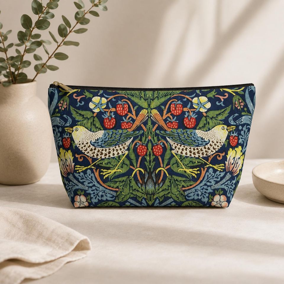 Strawberry Thief Makeup Pouch, Art Nouveau Floral Bird Cosmetic Bag, William Morris Botanical Design