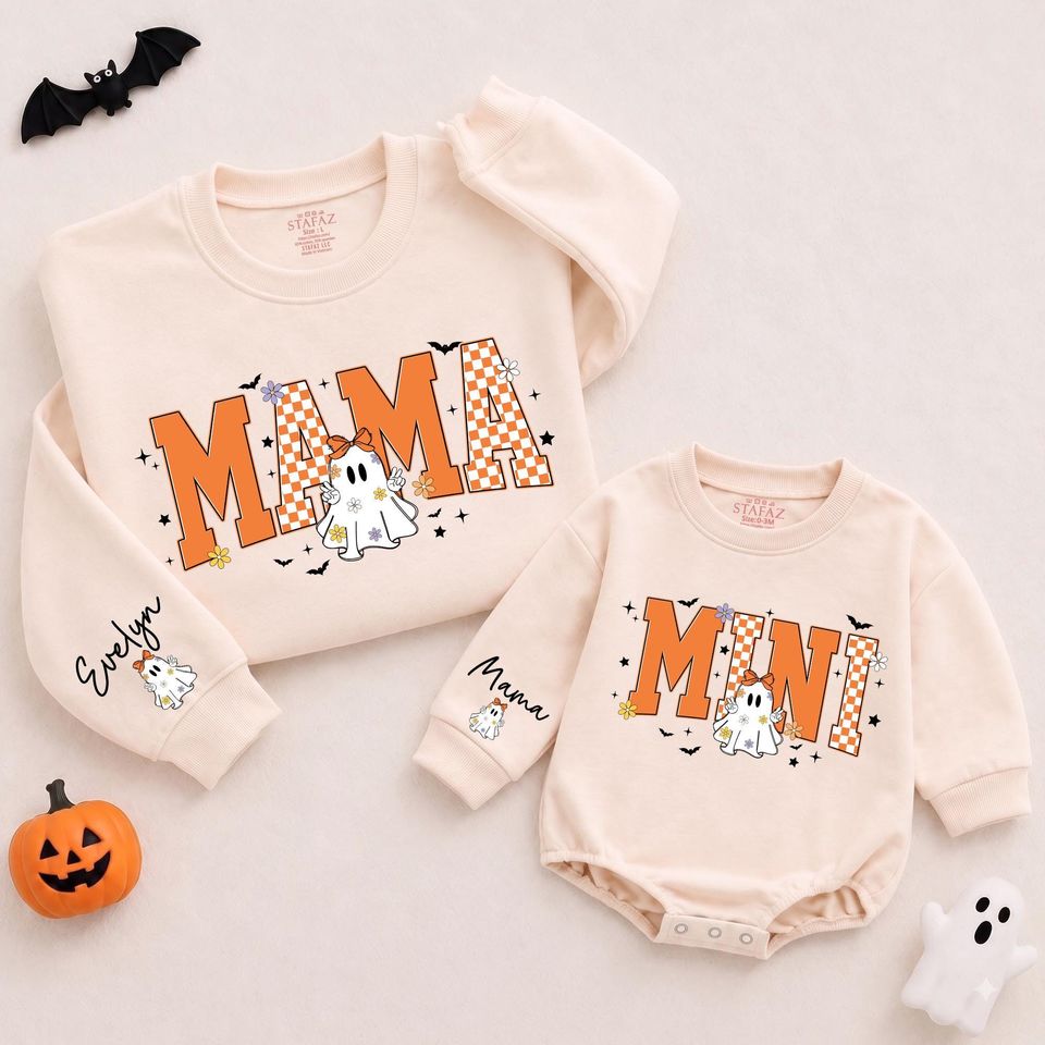Personalized Mama Mini Halloween Matching Sweatshirts, Mommy and Me Sweaters, Retro Halloween Boo, Custom Name Mom and Baby, Fall Mama Shirt