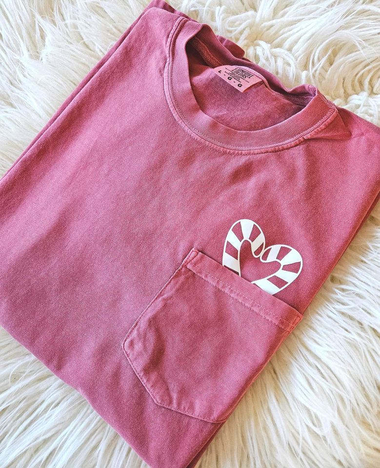 Cute Candy Cane Pocket Tee, Christmas shirts for women, cute Christmas shirt, Candy Cane in pocket tee, Candy Cane Shirt, cute holiday tee