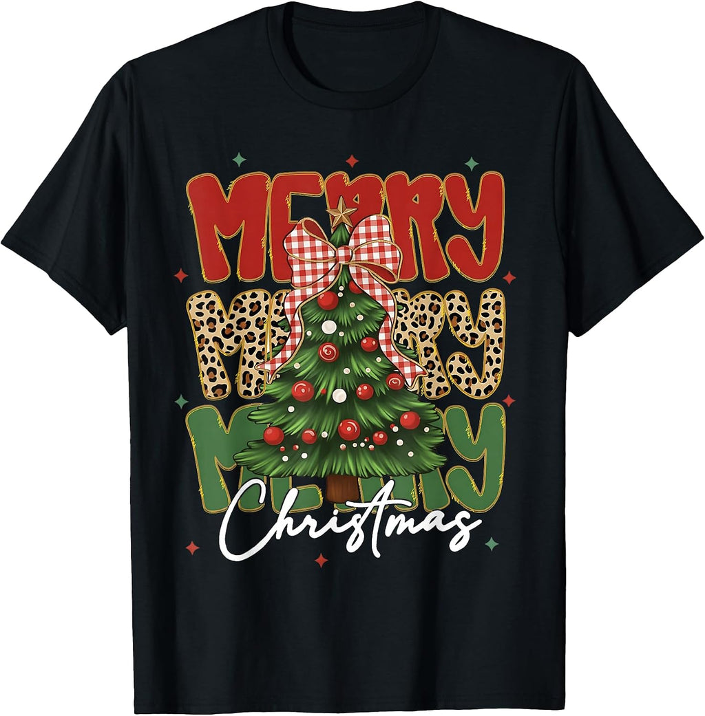 Merry Christmas Coquette Bow Tree Leopard Cute Girl Women T-Shirt