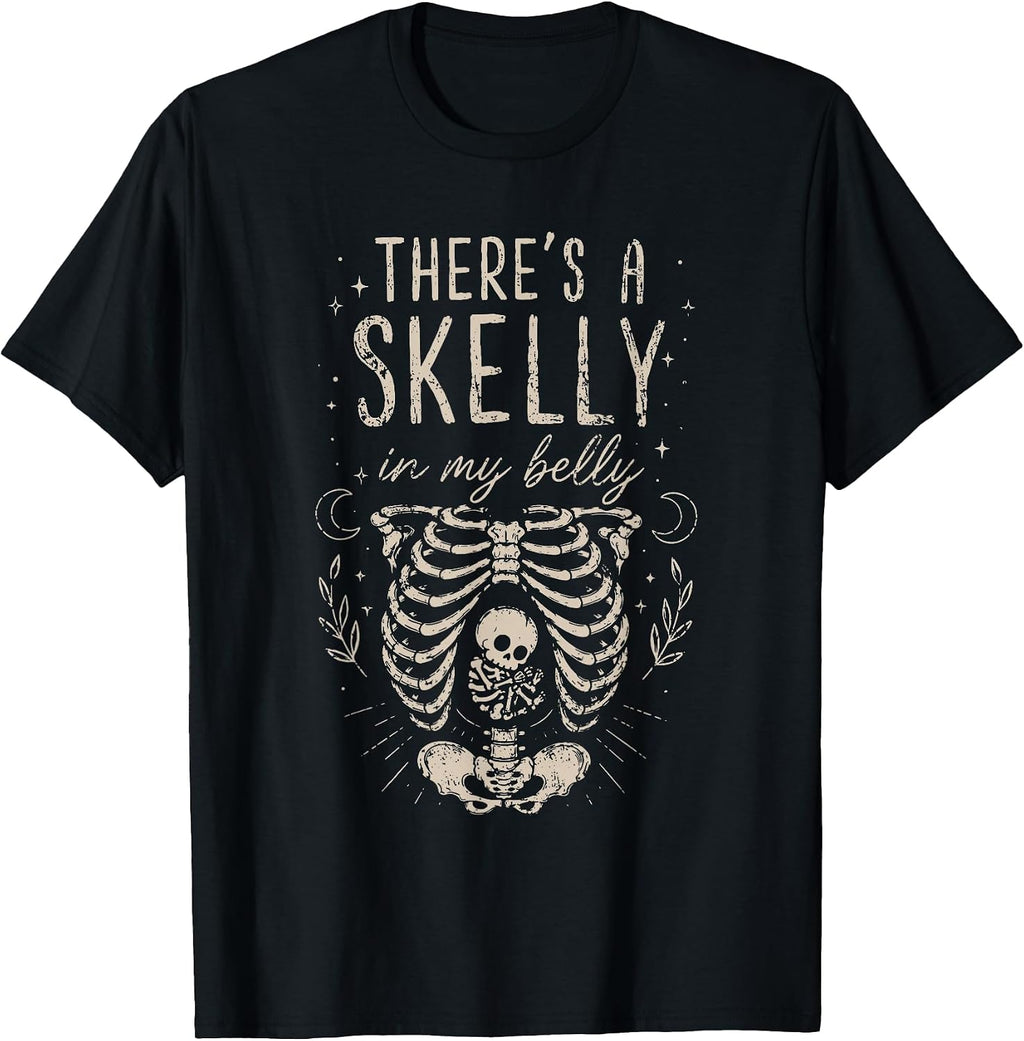 Funny Skeleton There's Skelly in My Belly Pregnant Halloween T-Shirt