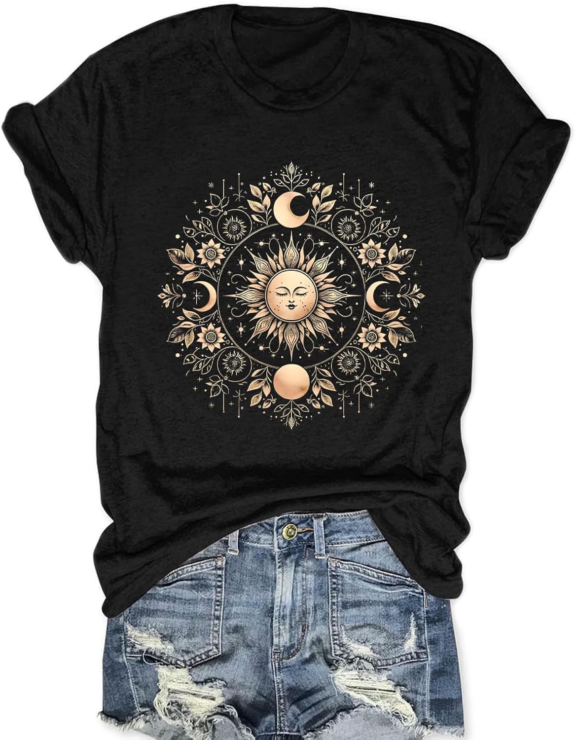 Boho Tops for Women Mystic Moon and Sun Celestial Spiritual Astrology Shirt