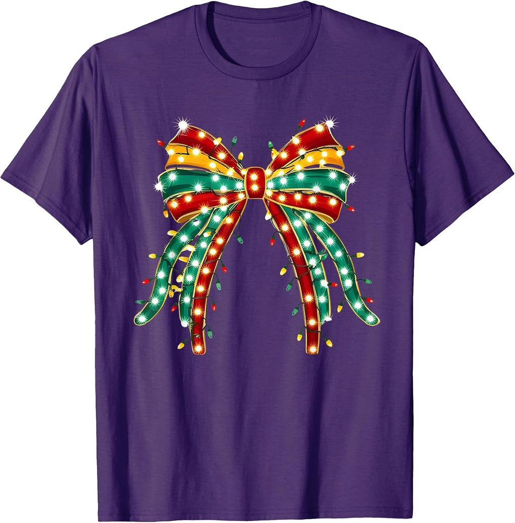 Christmas Light Coquette Bow T-Shirt for Women, Girls, Christmas Enthusiasts, Retro Style Lovers - Black, Small, Unisex, Short Sleeve, T-Shirt