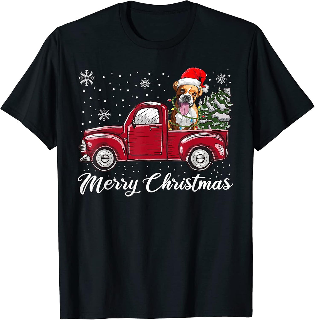 Merry Christmas Boxer Dog Shirts, Xmas Holiday Doggy Truck T-Shirt