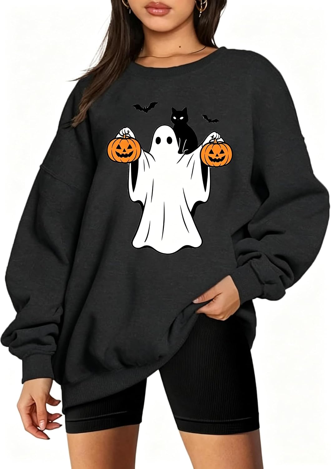 Halloween Spooky Season Sweatshirts Women Halloween Ghost Sweatshirt Cute Ghost Graphic Crew-Neck Pullover Tops