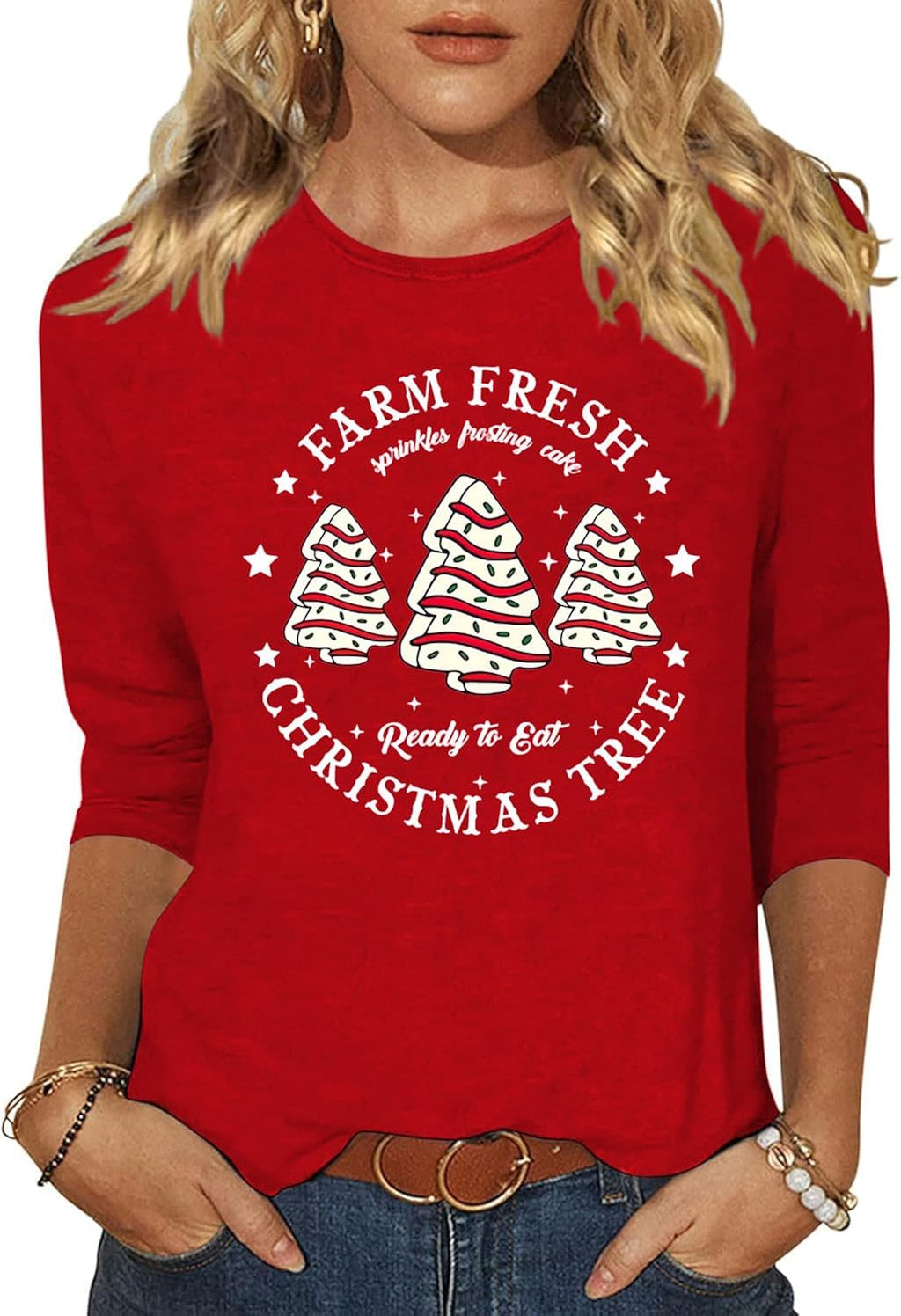 Merry Christmas Tree Crew Neck Shirt for Women Funny Xmas Graphic 3/4 Sleeve Tee Winter Holiday Family Party Matching Tops