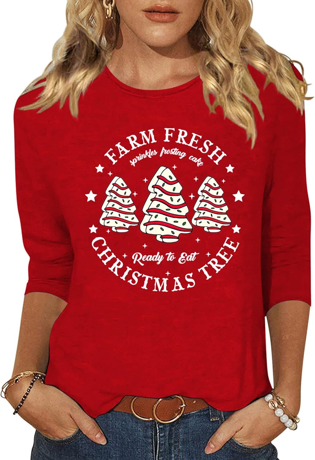Merry Christmas Tree Crew Neck Shirt for Women Funny Xmas Graphic 3/4 Sleeve Tee Winter Holiday Family Party Matching Tops