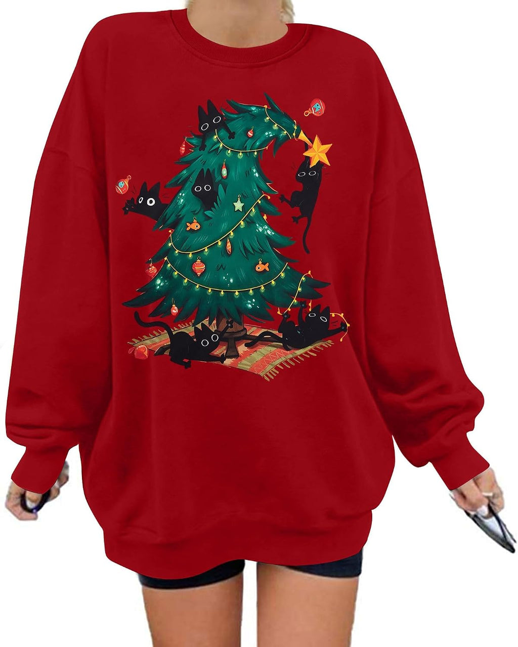 Meowy Christmas Sweatshirt Women Christmas Cat Sweater Xmas Long Sleeve Shirts Holiday Crewneck Pullover Tops