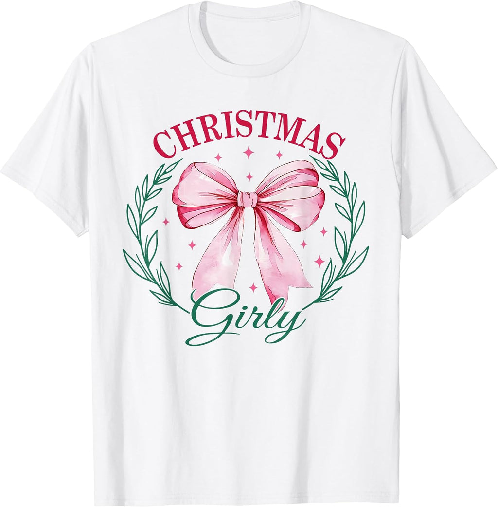 Vintage Pink Coquette Bow Cute Christmas Girly Xmas Holiday T-Shirt