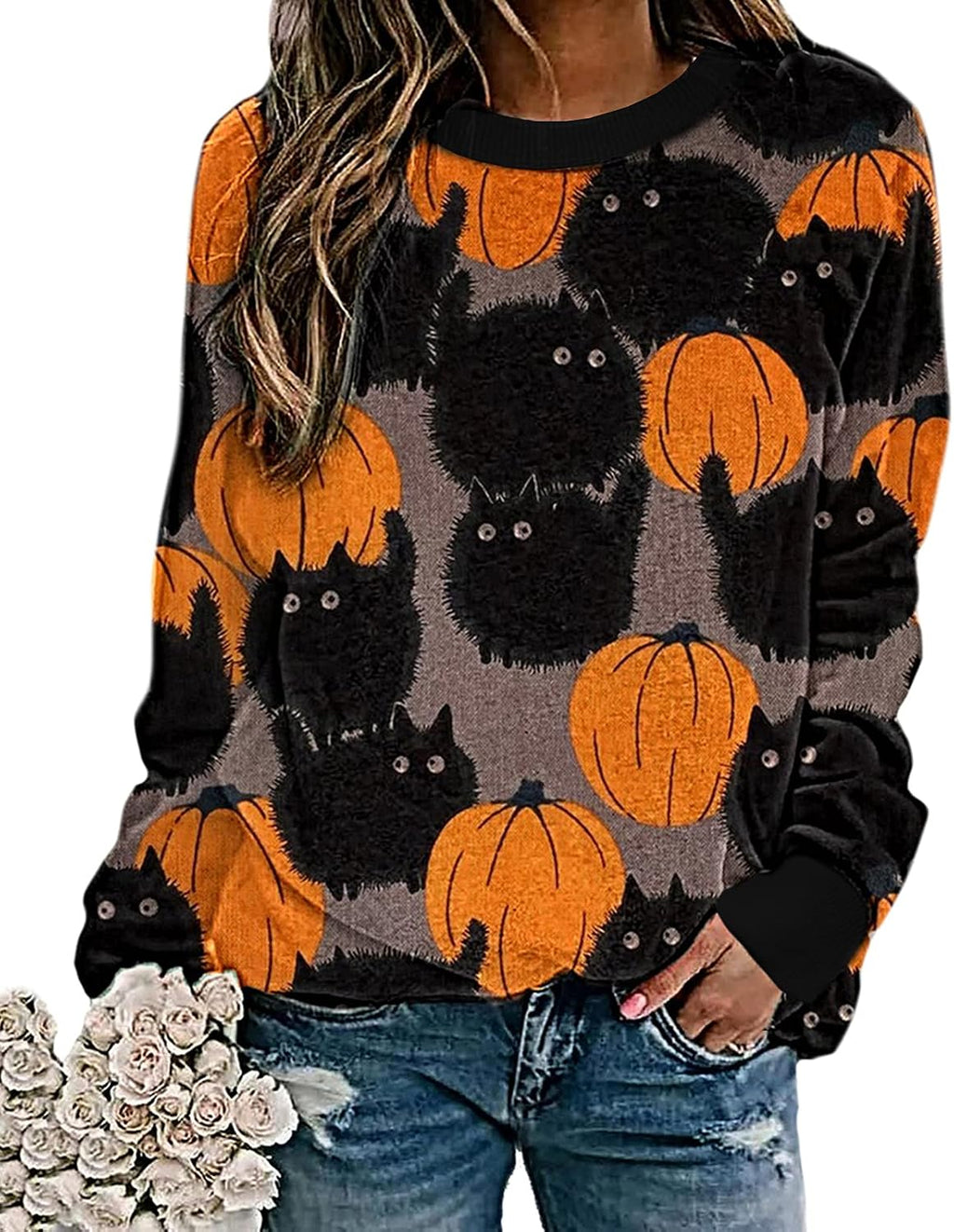 Halloween Pumpkin Sweatshirt Crewneck Pullover - Animal Cat Bat Print Casual Loose Long Sleeve Tops Shirts