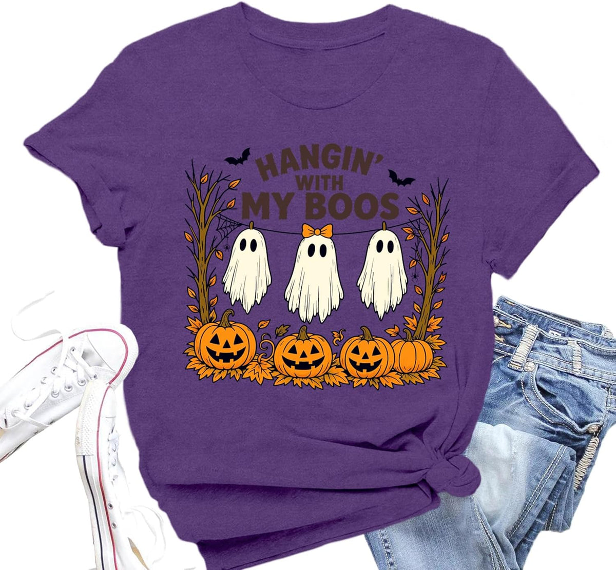 Womens Halloween Shirt Hangin with My Boos Funny Ghost Pumpkin Tee