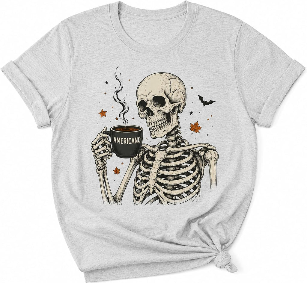 Skeleton Holding Hot Americano Coffee T-Shirt Funny Coffee Lover Halloween Graphic Tee for Women Men