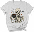 Skeleton Holding Hot Americano Coffee T-Shirt Funny Coffee Lover Halloween Graphic Tee for Women Men