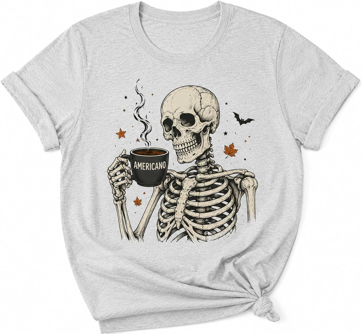 Skeleton Holding Hot Americano Coffee T-Shirt Funny Coffee Lover Halloween Graphic Tee for Women Men