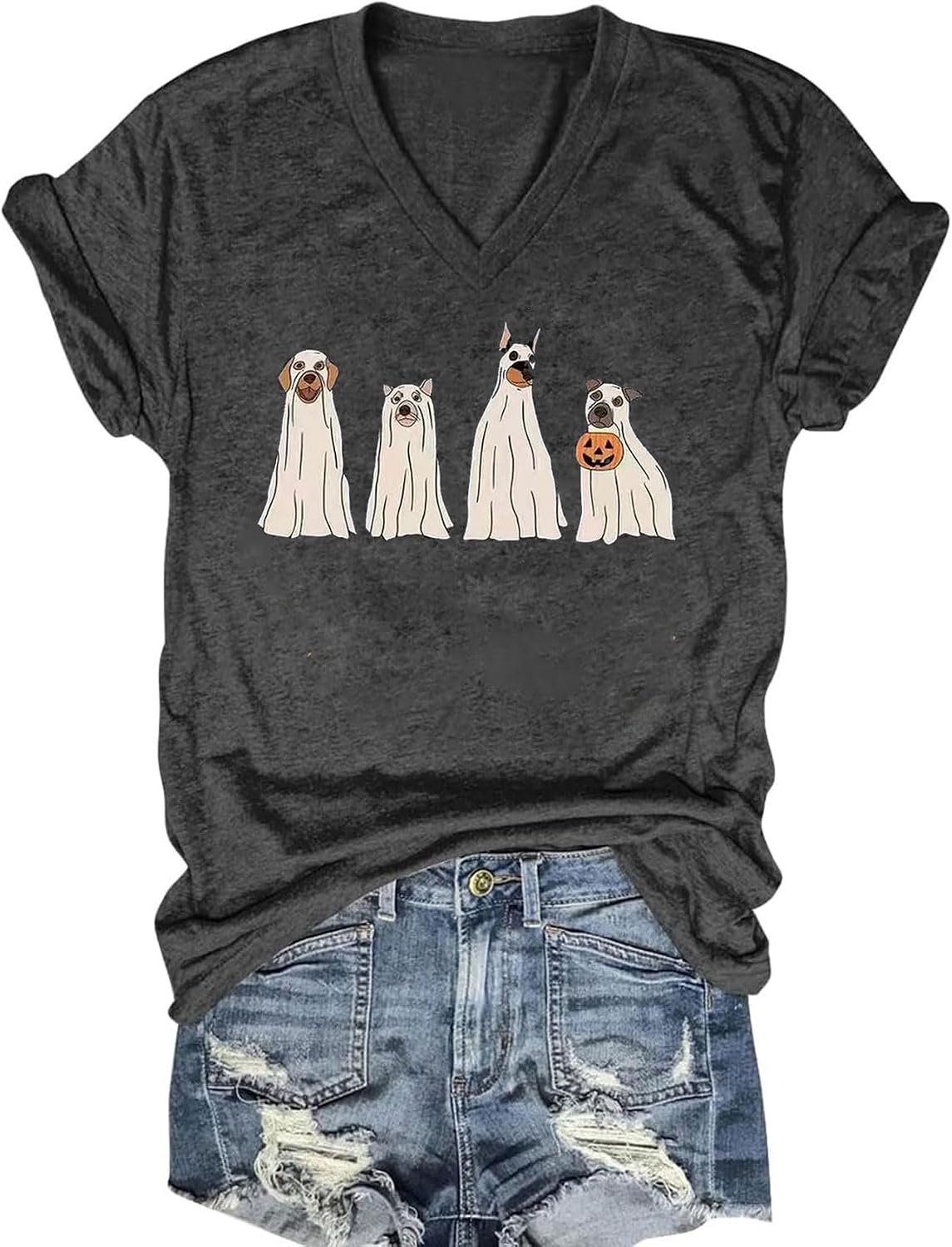 Fall V Neck T-Shirts Women Halloween Graphic Shirts Cute Pumpkin Ghost Tees Funny Holiday Family Short Sleeves Tops