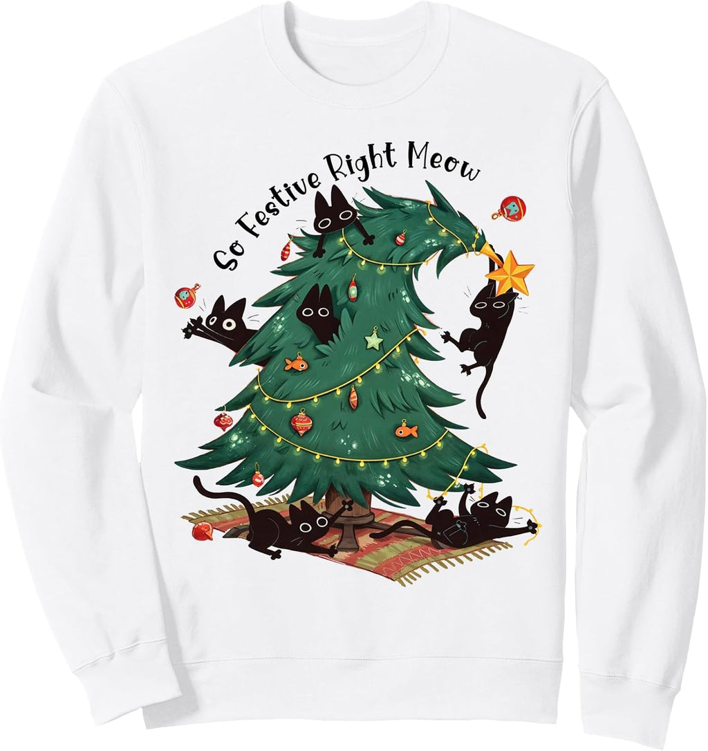 So Festive Right Meow Black Cats Christmas Tree Cat Lover Sweatshirt