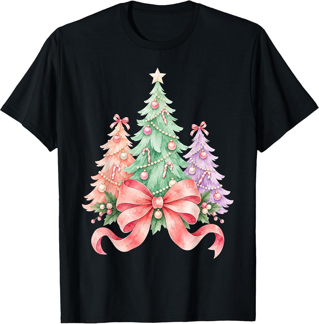 Girls Coquette Bow Christmas Tree Xmas Holiday Girly Women T-Shirt