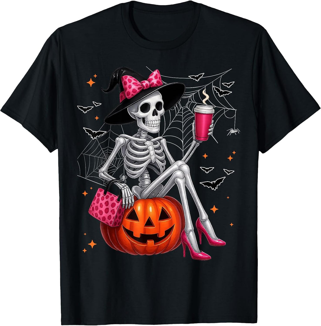 Cute Skeleton Drinking Coffee Lover Halloween Costumes Women T-Shirt
