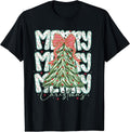 Preppy Coquette Floral Merry Christmas Cute Christmas Bow T-Shirt