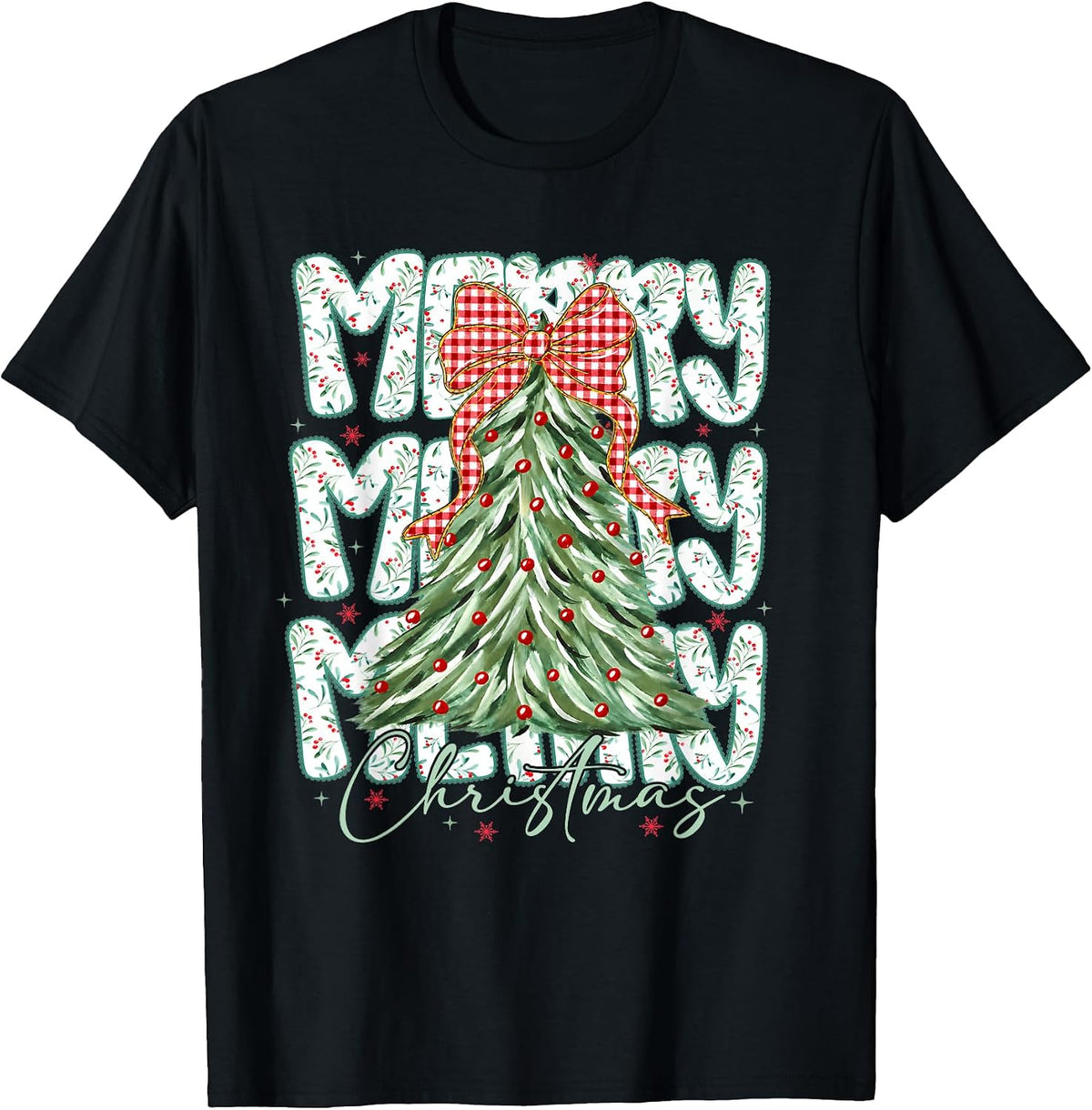 Preppy Coquette Floral Merry Christmas Cute Christmas Bow T-Shirt
