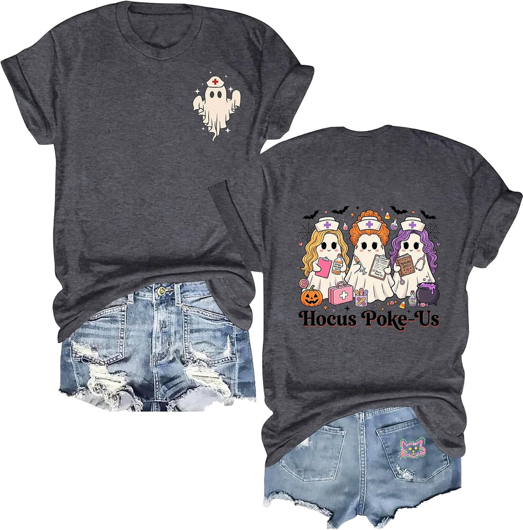 Halloween Nurse T-Shirt for Women Funny Hocus Poke US Ghost Boo Spooky Season Double-Sided Print Top
