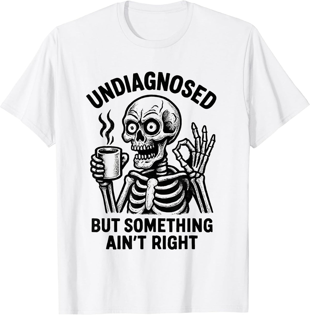 Comical Skeleton with Coffee Vintage Illustration T-Shirt