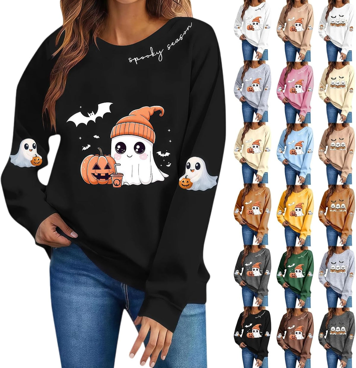 Halloween Sweatshirts for Women Cute Funny Ghost Graphic Crewneck Pullover Fall Casual Long Sleeve Sweater Tops