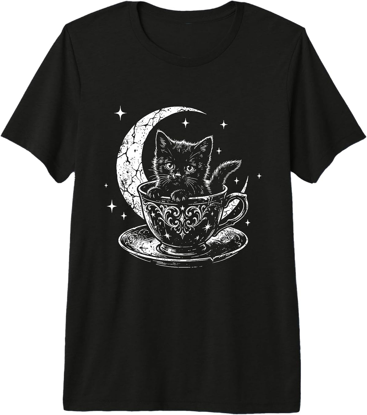 Vintage Kitten Teacup Crescent Moon Stars Celestial Cat Art Premium Tri-Blend T-Shirt