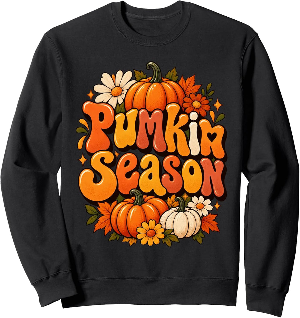 Pumkin Season Groovy Retro Pumpkin Flower Fall Graphic Sweatshirt