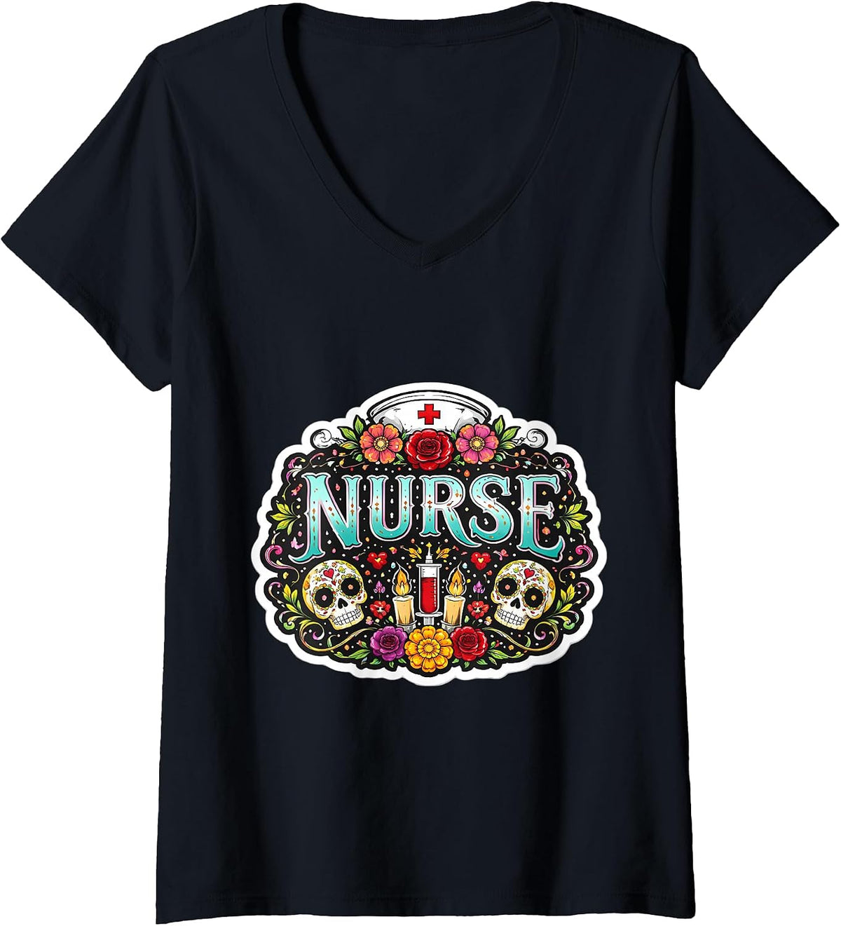 Women's Nurse Day of The Dead Día De Los Muertos Mardi Gras Mexican V-Neck T-Shirt