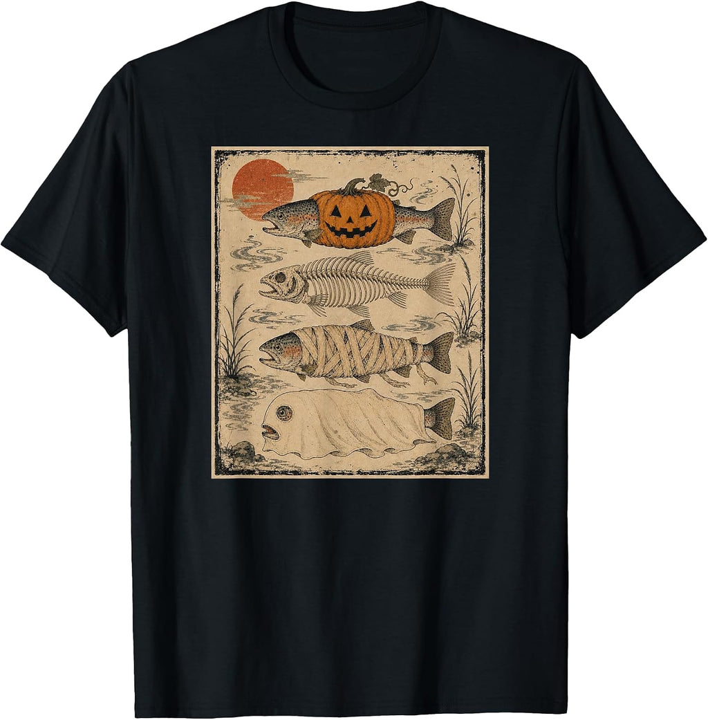 Halloween Trout Skeleton Fish Funny Ghost Mummy Fishing T-Shirt