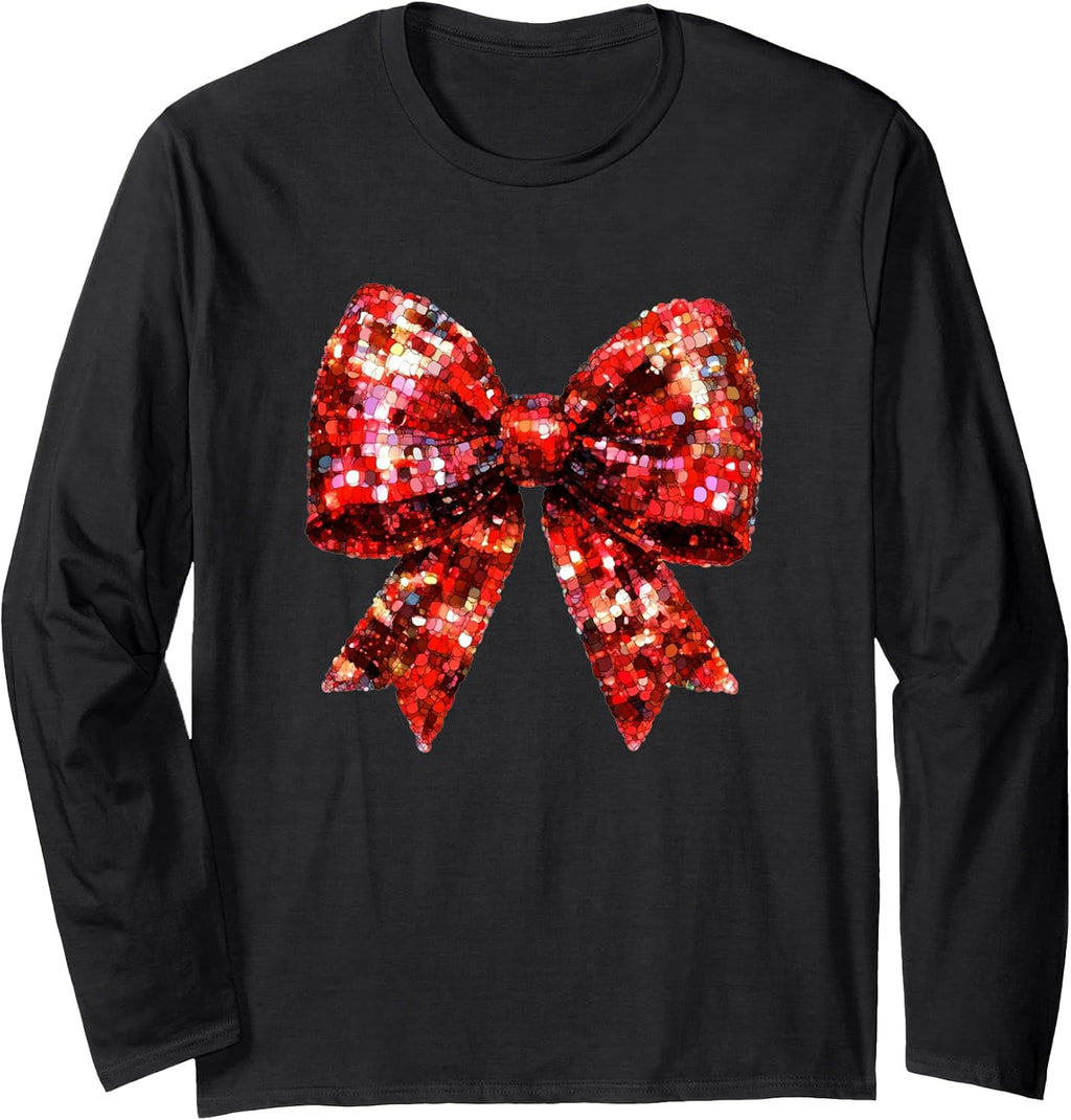 Vibrant Red Bow Coquette Christmas Cozy Cute Ribbon Long Sleeve T-Shirt