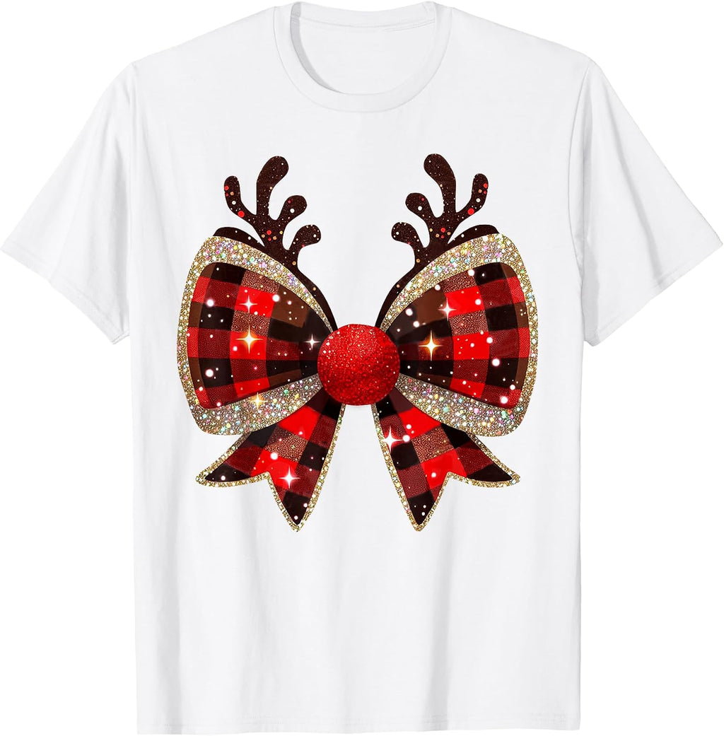 Christmas Coquette Bow Reindeer Nose Pattern Womens Festive T-Shirt