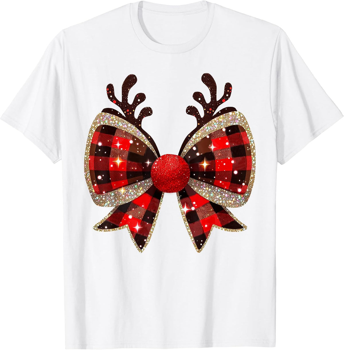 Christmas Coquette Bow Reindeer Nose Pattern Womens Festive T-Shirt