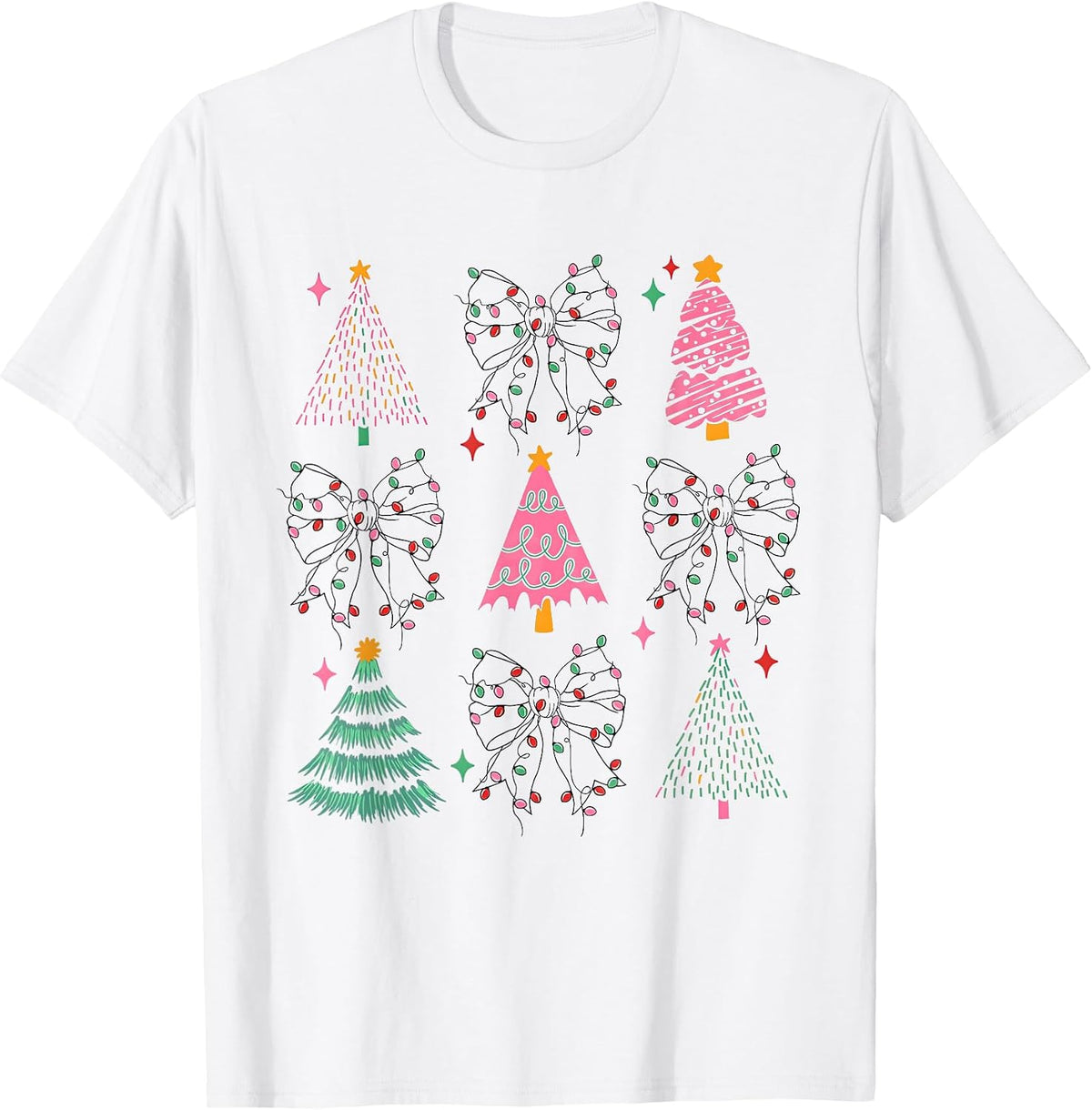Christmas Lights Girly Coquette Bow Pink Xmas Tree Women T-Shirt