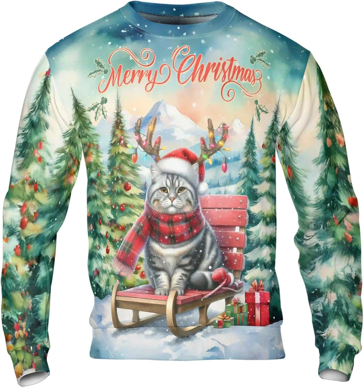 Merry Christmas Santa Reindeer Antlers Cat Sleigh Xmas Winter Holiday 3D Shirt Zip Hoodies Sweatshirt Sweater
