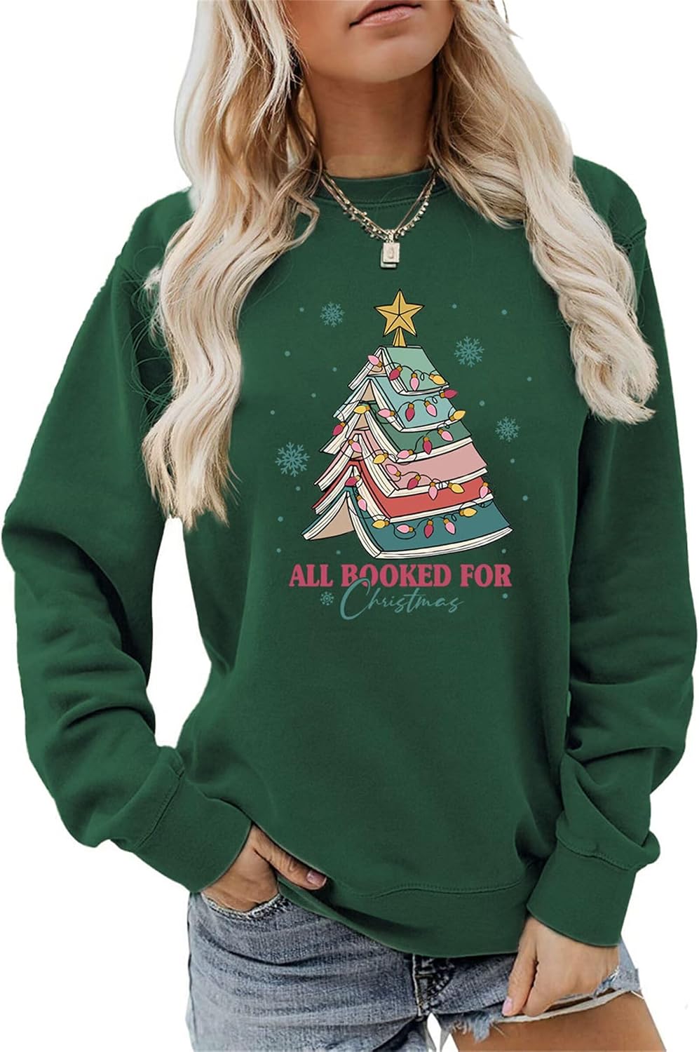 All Booked For Christmas Sweatshirt Women' Cute Book Christmas Tree Colorful Lights Snowflakes pattern Holiday Tops