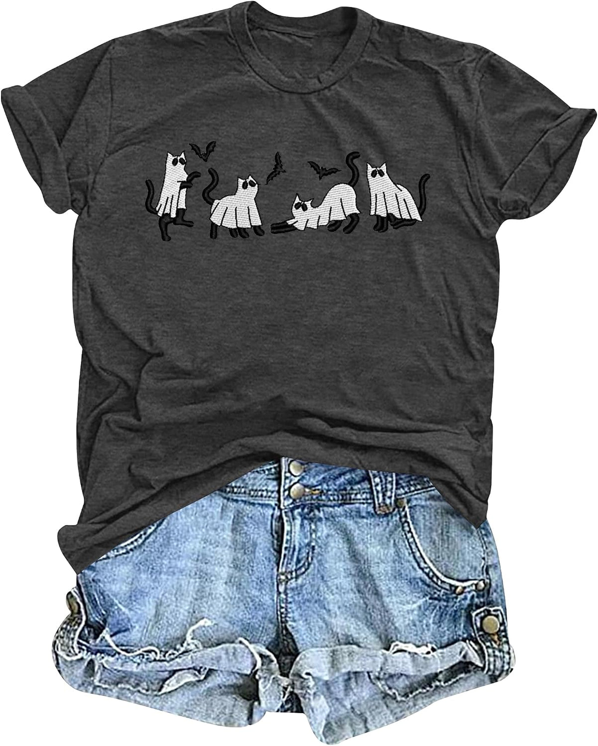 Halloween Shirts for Women: Ghost Cat T-Shirt Spooky Season Tees