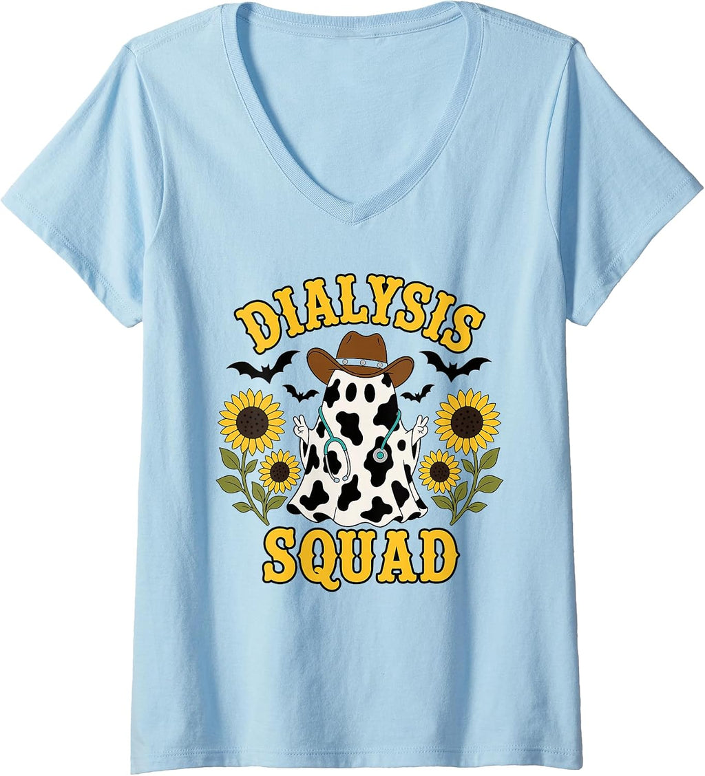 Women's Halloween Dialysis Squad Western Ghost Dialysis Nurse V-Neck T-Shirt