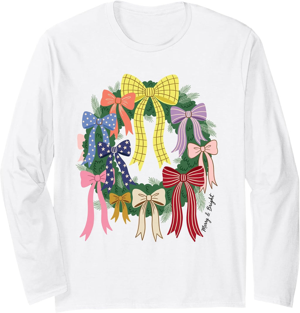 Merry & Bright Christmas Wreath Bow Coquette Holiday Long Sleeve T-Shirt