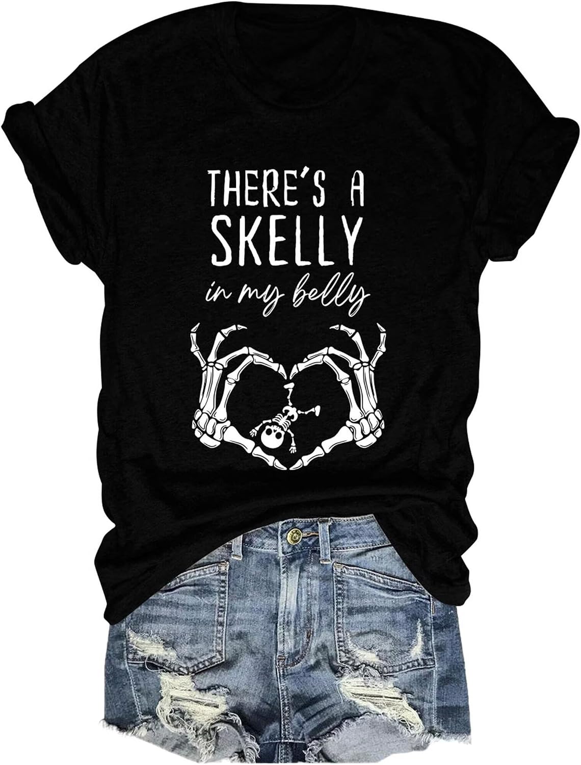 Halloween Pregnancy T Shirt There's A Skelly in My Belly Top Women