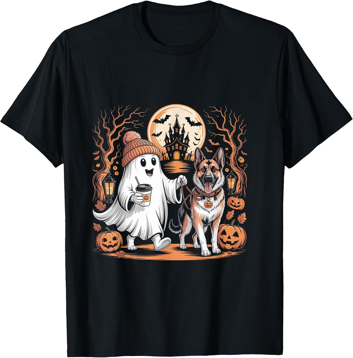 Halloween Ghost Dog Pumpkin Haunted House T-Shirt