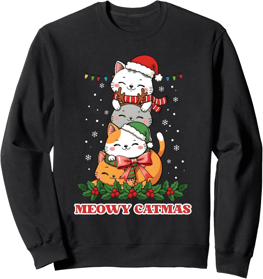 Meowy Catmas Funny Christmas Cat Tree Lights Sweatshirt