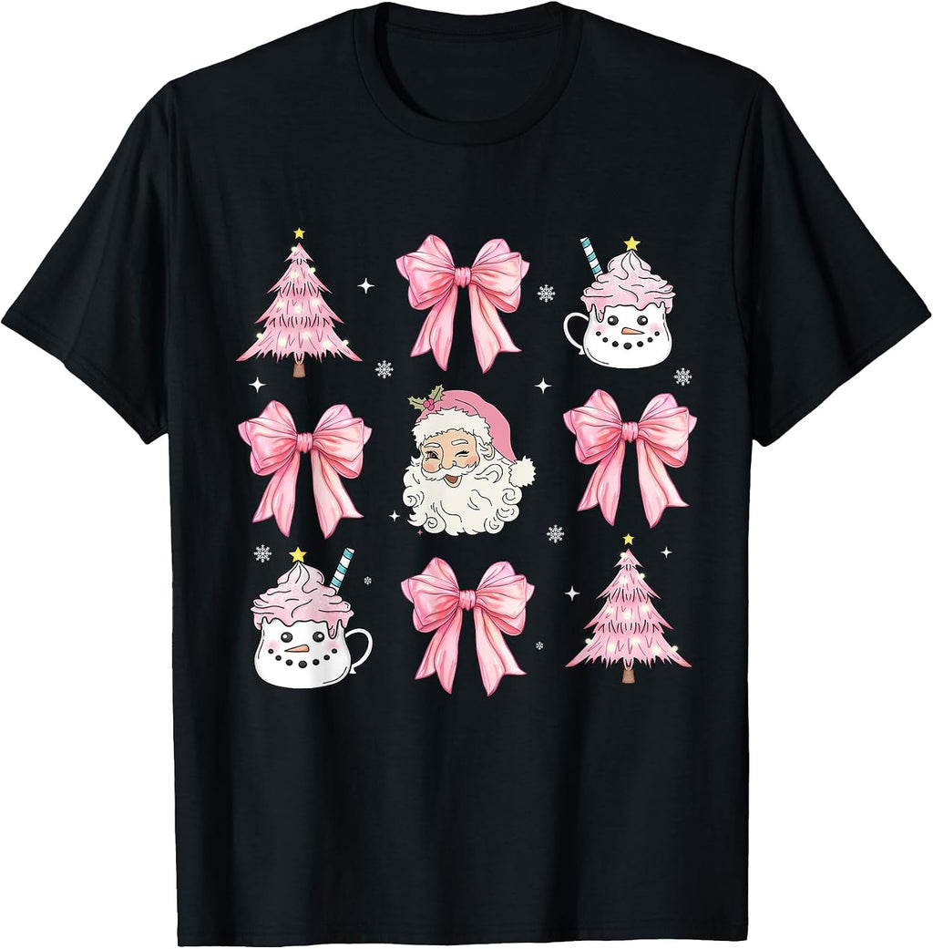 Pink Christmas Coquette Bow Santa pattern womens festive T-Shirt