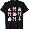 Pink Christmas Coquette Bow Santa pattern womens festive T-Shirt