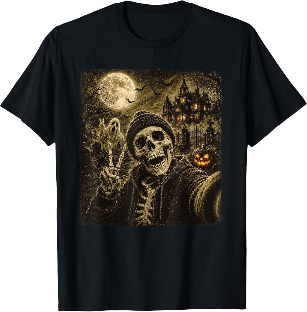 Funny Skeleton Selfie Halloween Ghost Pumpkin Men Women T-Shirt