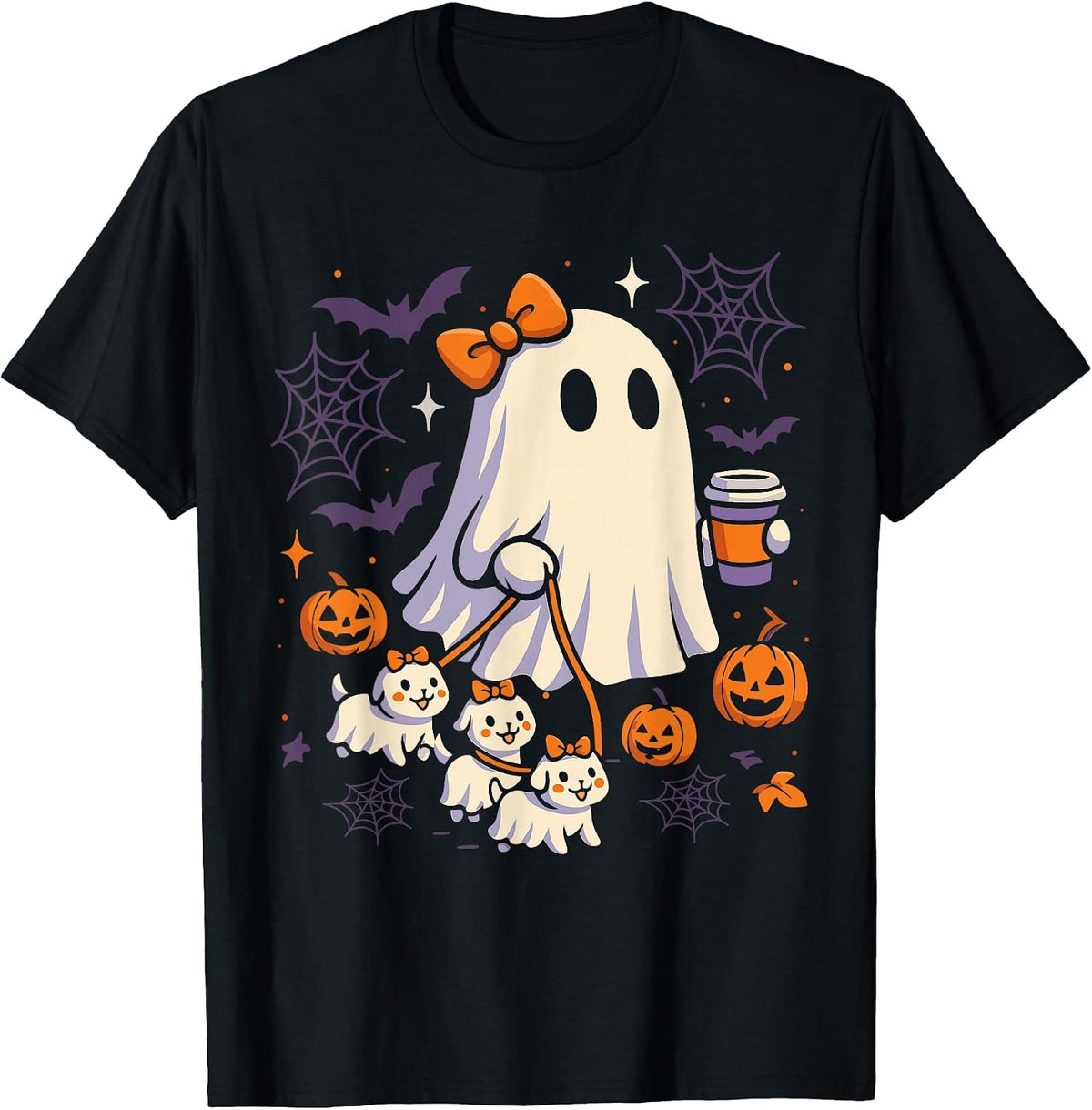 Ghost Walking Dog Shirt Coquette Halloween Dog Ghost Coffee T-Shirt